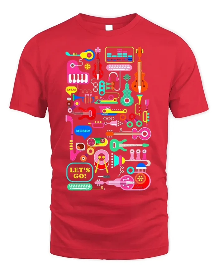 Colorful Music Instruments T-Shirt Fun Retro Music - red t-shirt on white background