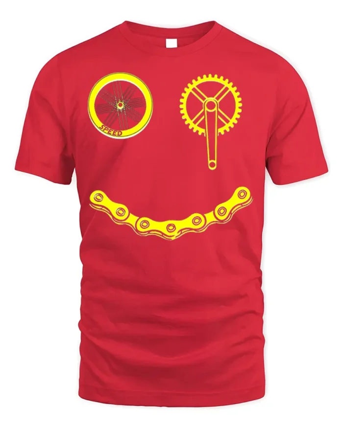 Smiley Bike Face T-Shirt Funny Cycling Chain Graphic - red t-shirt on white background