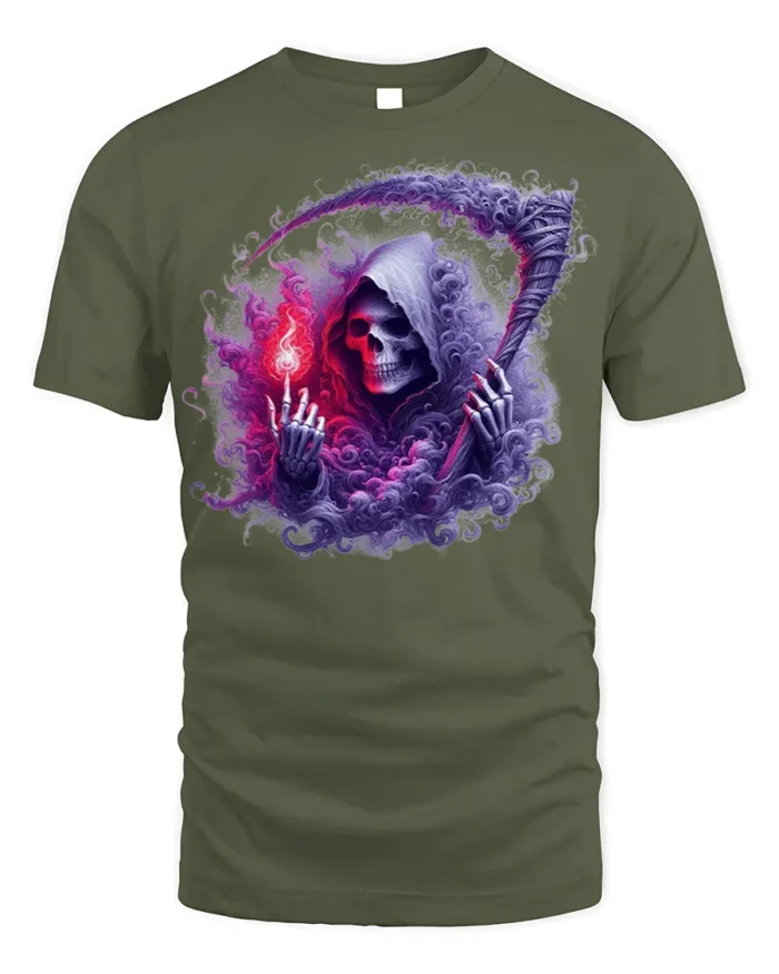 Grim Reaper Flame Skull T-Shirt Gothic Horror Tee Art - military green t-shirt on white background