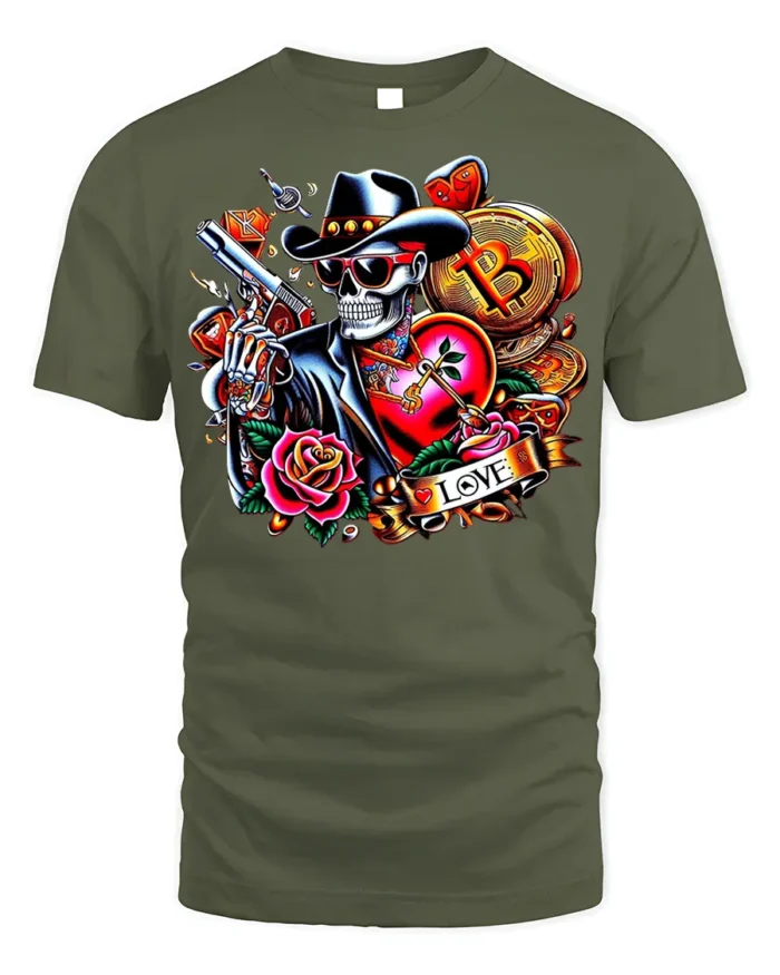 Crypto Cowboy Skeleton T-Shirt Tattoo Style Bitcoin - military green t-shirt on white background