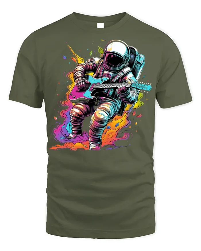 Astronaut Guitar Blast T-Shirt Space Rock Style - military green t-shirt on white background