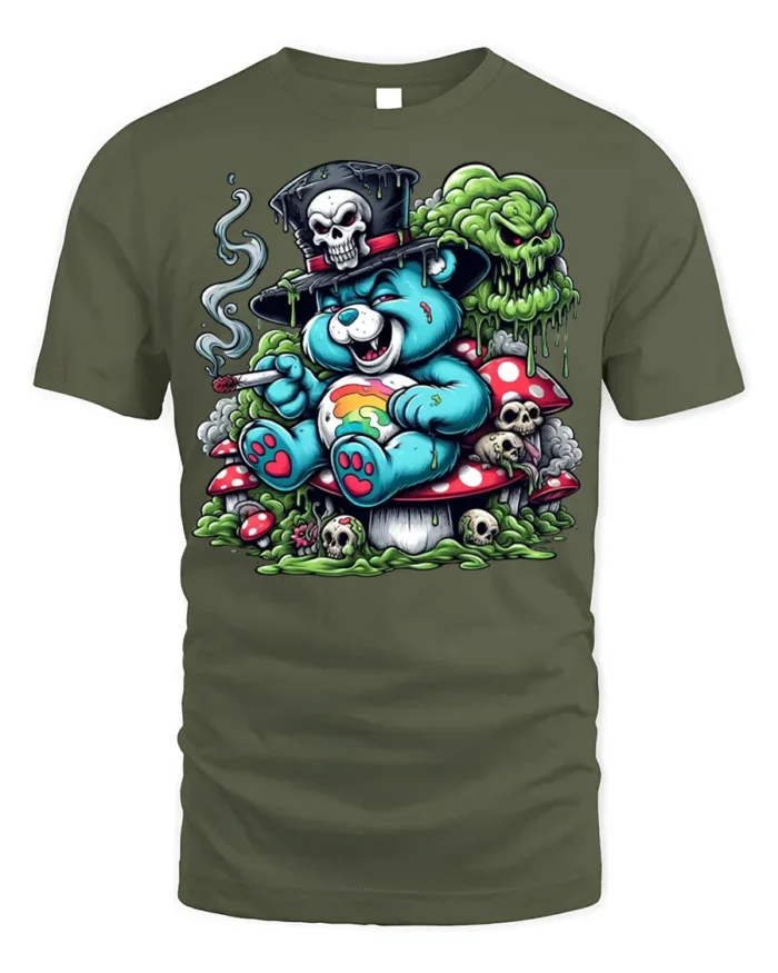 Trippy Bear Skull T-Shirt Psychedelic Dark Humor - military green t-shirt on white background