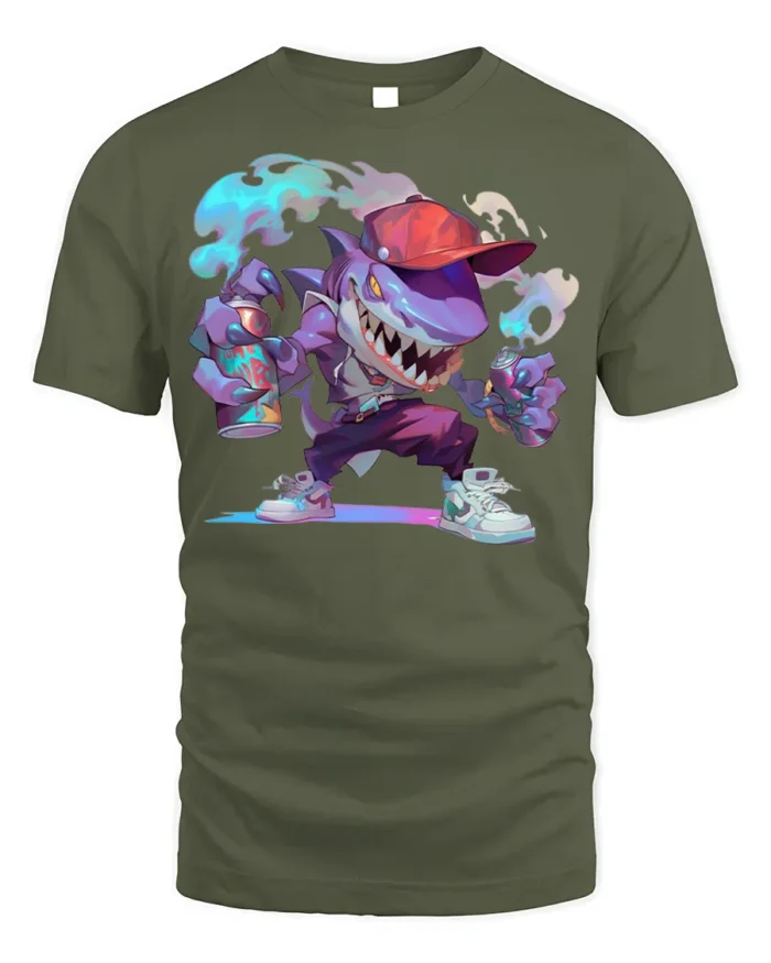 Street Shark Graffiti T-Shirt Urban Cartoon Style Tee - military green t-shirt on white background