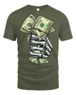 Skeleton Hand Money T-Shirt Street Hustle Graphic Tee - military green t-shirt on white background