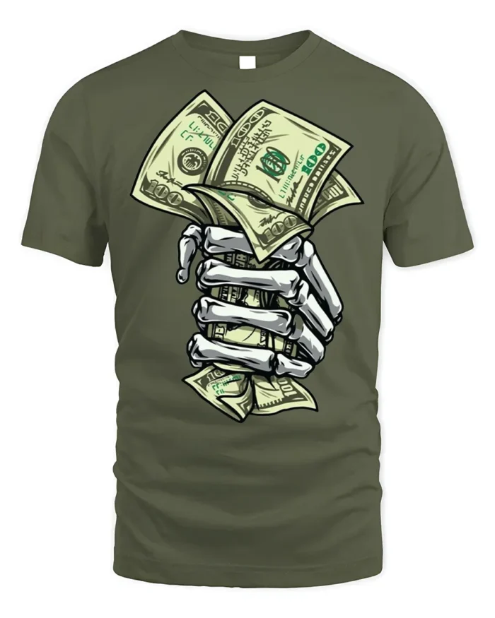 Skeleton Hand Money T-Shirt Street Hustle Graphic Tee - military green t-shirt on white background