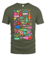 Colorful Music Instruments T-Shirt Fun Retro Music - military green t-shirt on white background