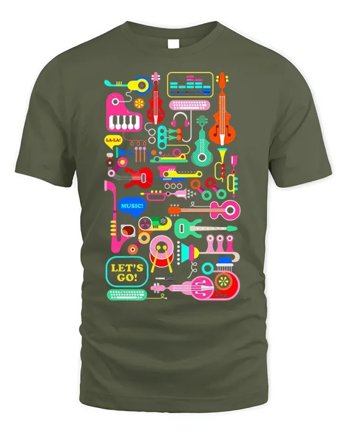 Colorful Music Instruments T-Shirt Fun Retro Music - military green t-shirt on white background
