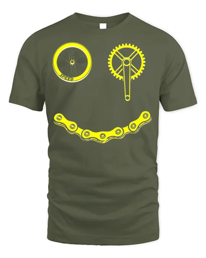 Smiley Bike Face T-Shirt Funny Cycling Chain Graphic - military green t-shirt on white background