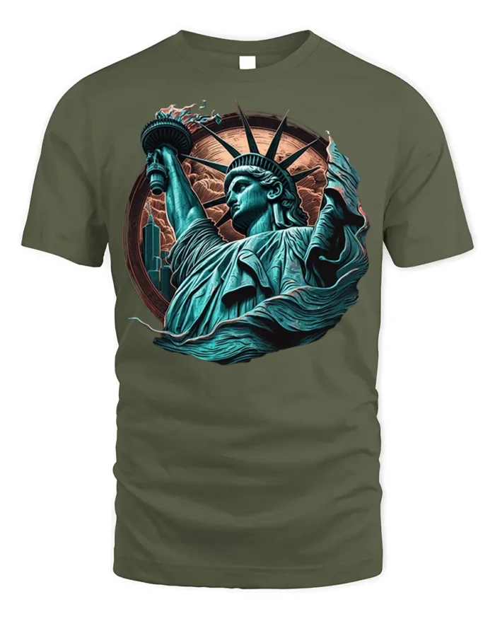Statue of Liberty T-Shirt Bold American Freedom Graphic - military green t-shirt on white background
