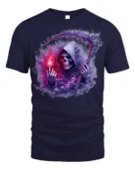 Grim Reaper Flame Skull T-Shirt Gothic Horror Tee Art - navy t-shirt on white background