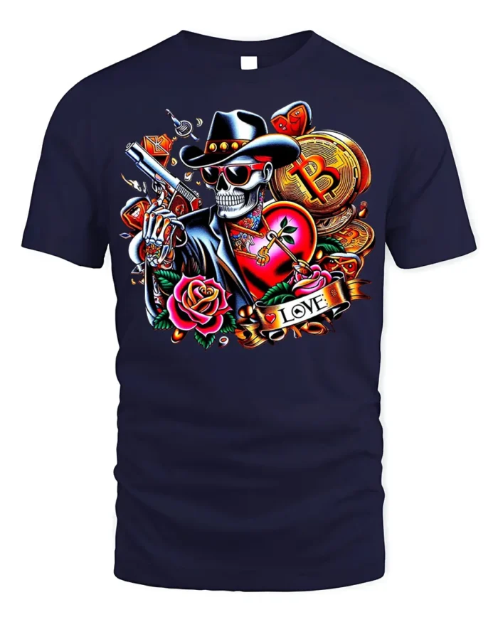 Crypto Cowboy Skeleton T-Shirt Tattoo Style Bitcoin - navy t-shirt on white background
