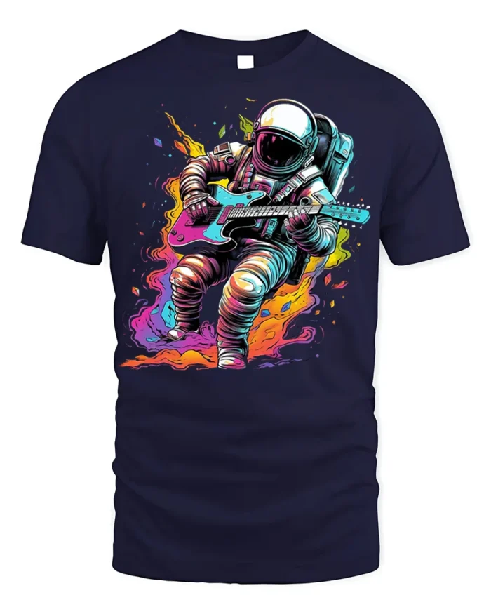 Astronaut Guitar Blast T-Shirt Space Rock Style - navy t-shirt on white background