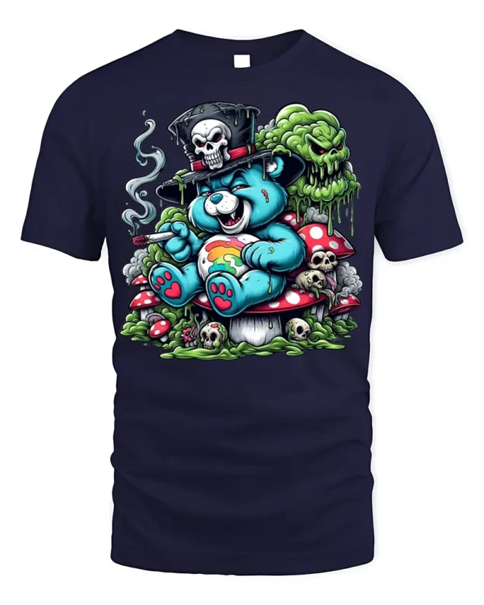 Trippy Bear Skull T-Shirt Psychedelic Dark Humor - navy t-shirt on white background