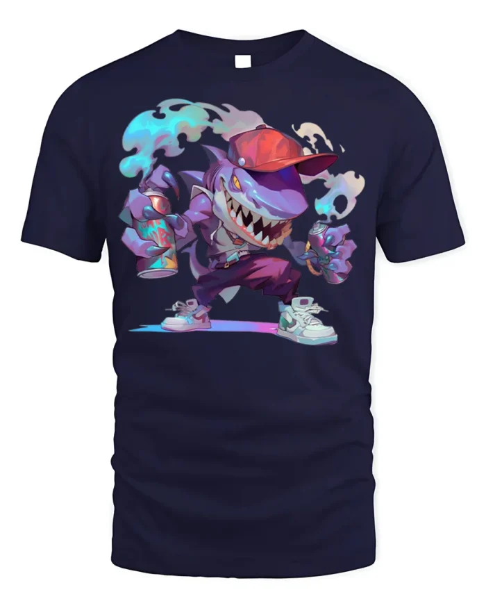 Street Shark Graffiti T-Shirt Urban Cartoon Style Tee - navy t-shirt on white background