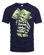 Skeleton Hand Money T-Shirt Street Hustle Graphic Tee - navy t-shirt on white background