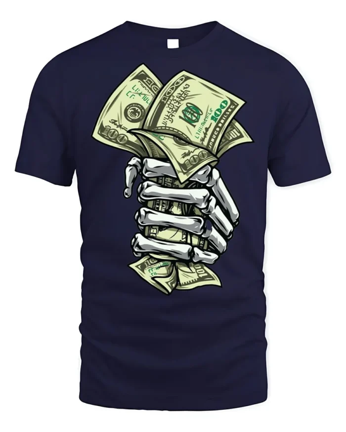 Skeleton Hand Money T-Shirt Street Hustle Graphic Tee - navy t-shirt on white background