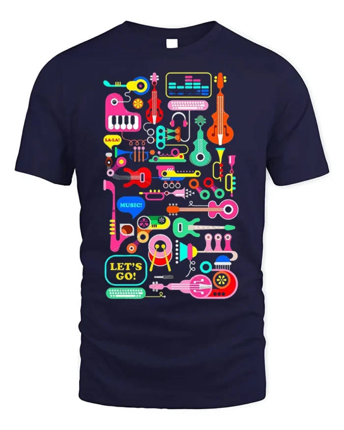 Colorful Music Instruments T-Shirt Fun Retro Music - navy t-shirt on white background
