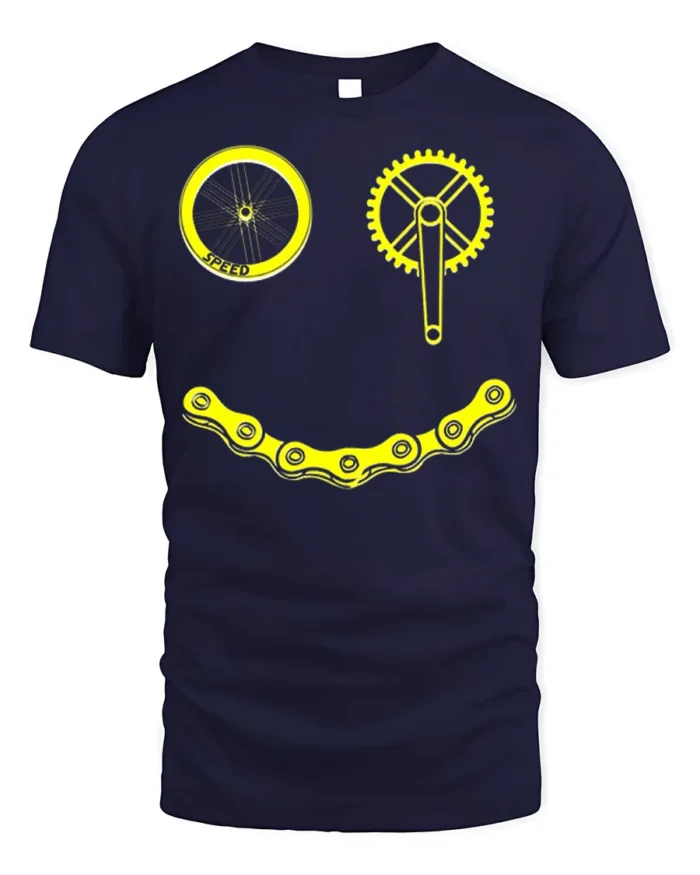 Smiley Bike Face T-Shirt Funny Cycling Chain Graphic - navy t-shirt on white background