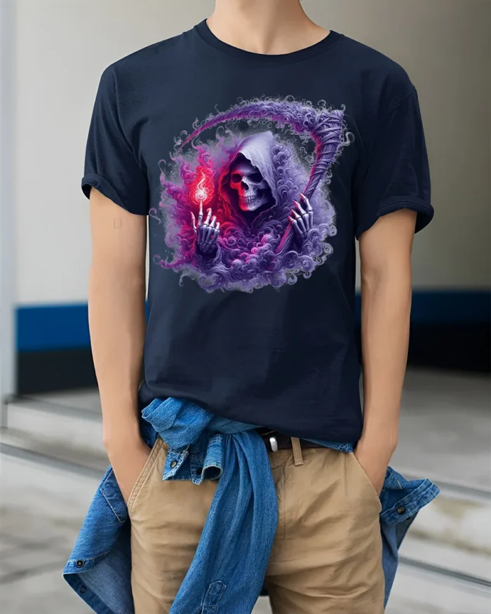 Grim Reaper Flame Skull T-Shirt Gothic Horror Tee Art - model wearing navy shirt, hands in pockets