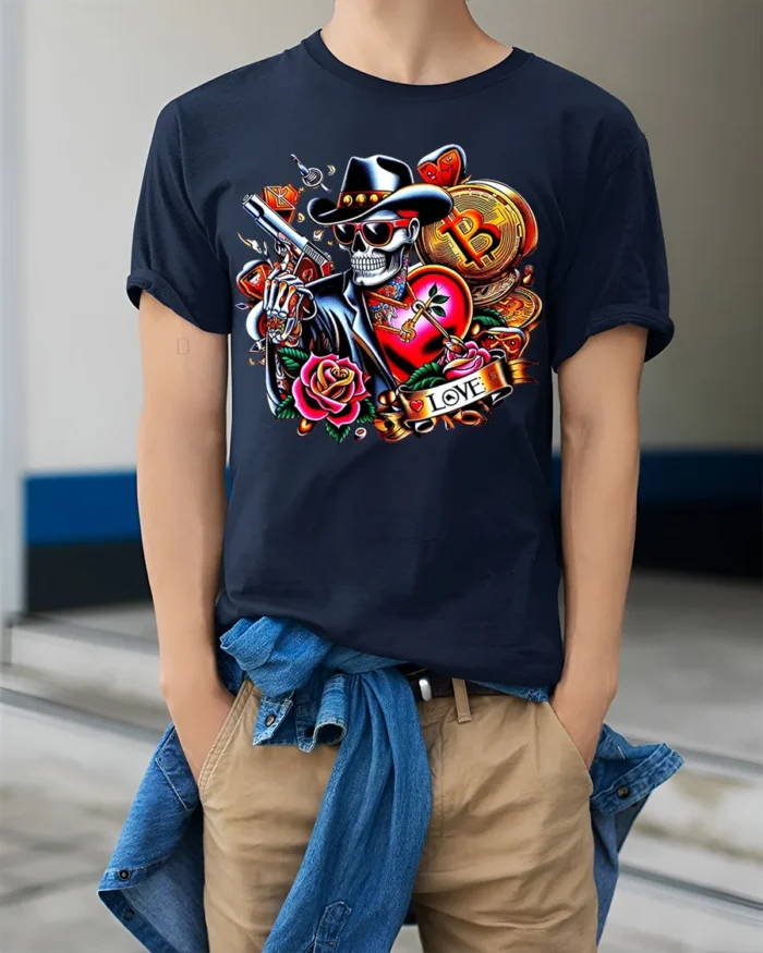 Crypto Cowboy Skeleton T-Shirt Tattoo Style Bitcoin - model wearing navy shirt, hands in pockets
