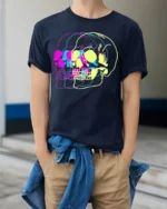 Psychedelic Skull Vibes Graphic T-Shirt for Men - model wearing navy shirt, hands in pockets