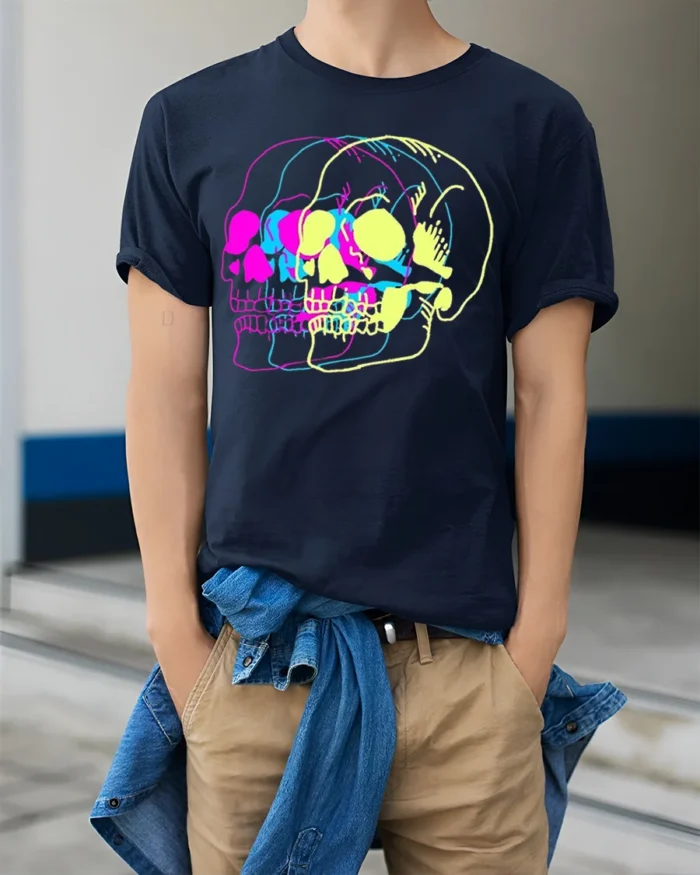 Psychedelic Skull Vibes Graphic T-Shirt for Men - model wearing navy shirt, hands in pockets