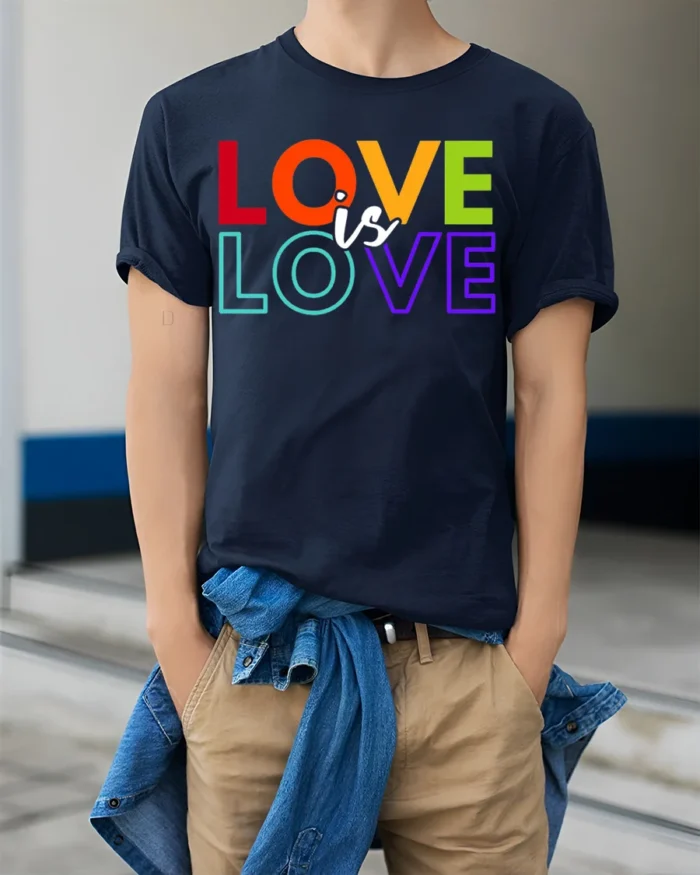 Love Is Love Pride T-Shirt LGBTQ Equality Statement - model wearing navy shirt, hands in pockets