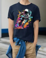 Astronaut Guitar Blast T-Shirt Space Rock Style - model wearing navy shirt, hands in pockets