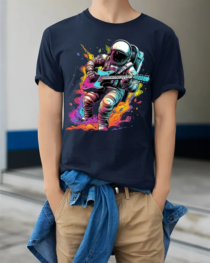Astronaut Guitar Blast T-Shirt Space Rock Style - model wearing navy shirt, hands in pockets