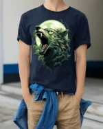 Howling Wolf Moon T-Shirt Wild Nature Spirit - model wearing navy shirt, hands in pockets