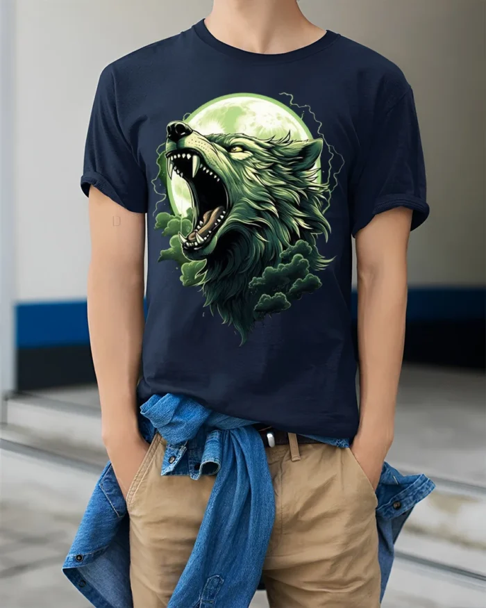 Howling Wolf Moon T-Shirt Wild Nature Spirit - model wearing navy shirt, hands in pockets