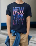 New York City Skyline T-Shirt Urban Streetwear - model wearing navy shirt, hands in pockets