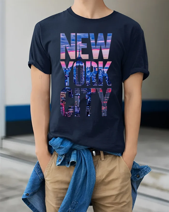 New York City Skyline T-Shirt Urban Streetwear - model wearing navy shirt, hands in pockets