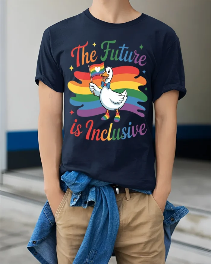 The Future Is Inclusive T-Shirt Pride Duck - model wearing navy shirt, hands in pockets