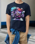 Street Shark Graffiti T-Shirt Urban Cartoon Style Tee - model wearing navy shirt, hands in pockets