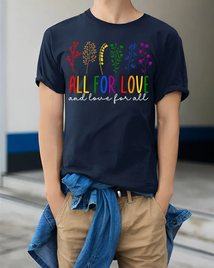 All For Love T-Shirt LGBTQ Pride Rainbow Floral - model wearing navy shirt, hands in pockets