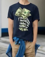 Skeleton Hand Money T-Shirt Street Hustle Graphic Tee - model wearing navy shirt, hands in pockets