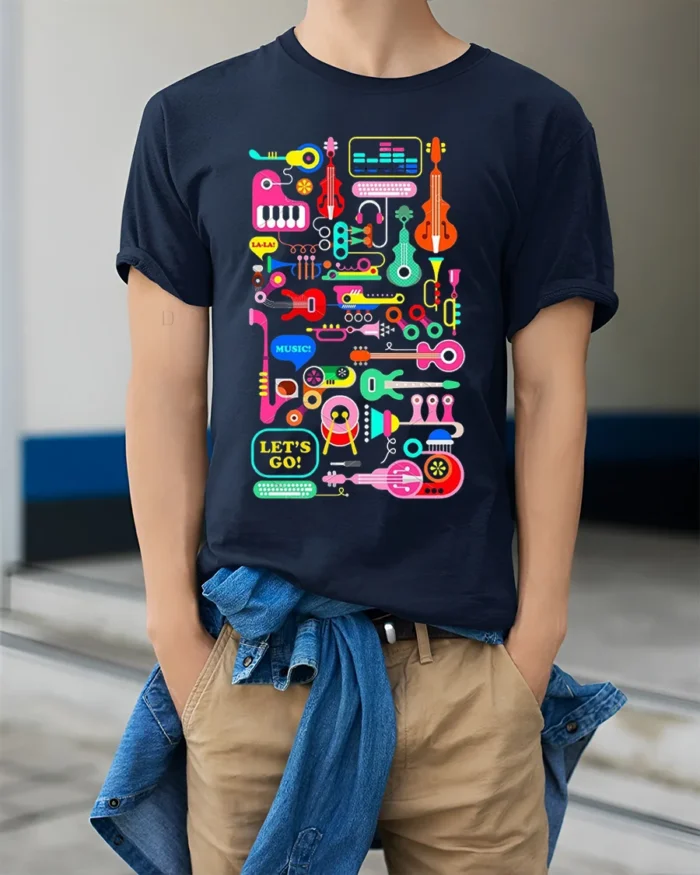Colorful Music Instruments T-Shirt Fun Retro Music - model wearing navy shirt, hands in pockets
