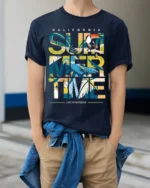 California Summertime T-Shirt Tropical Beach Paradise - model wearing navy shirt, hands in pockets