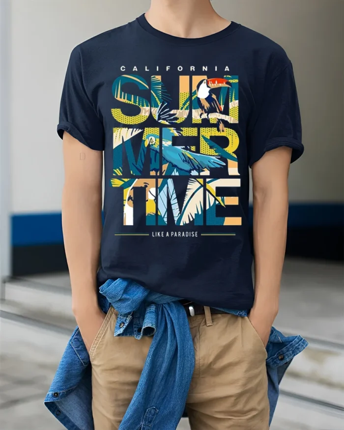 California Summertime T-Shirt Tropical Beach Paradise - model wearing navy shirt, hands in pockets