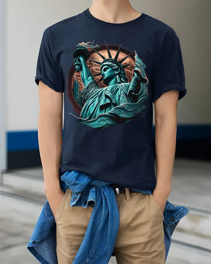 Statue of Liberty T-Shirt Bold American Freedom Graphic - model wearing navy shirt, hands in pockets