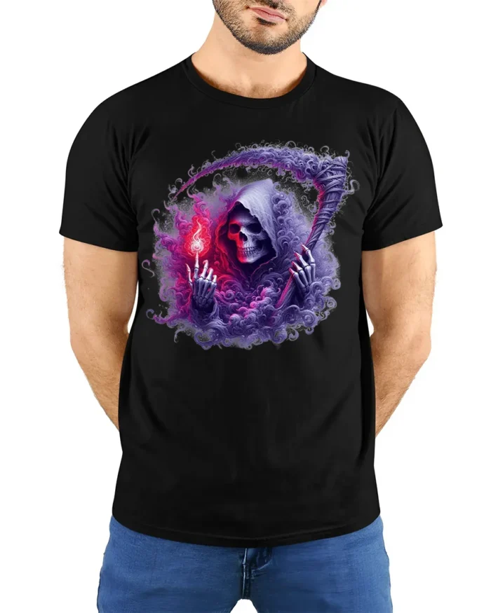 Grim Reaper Flame Skull T-Shirt Gothic Horror Tee Art - model wearing black shirt, hands behind back