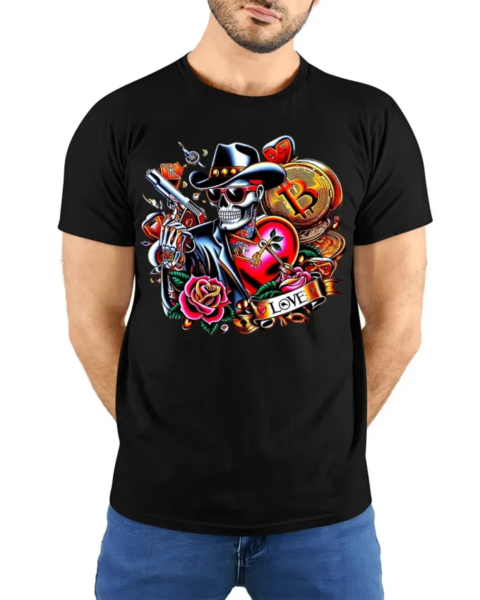 Crypto Cowboy Skeleton T-Shirt Tattoo Style Bitcoin - model wearing black shirt, hands behind back