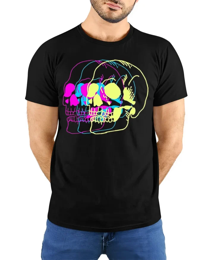 Psychedelic Skull Vibes Graphic T-Shirt for Men - model wearing black shirt, hands behind back