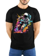 Astronaut Guitar Blast T-Shirt Space Rock Style - model wearing black shirt, hands behind back