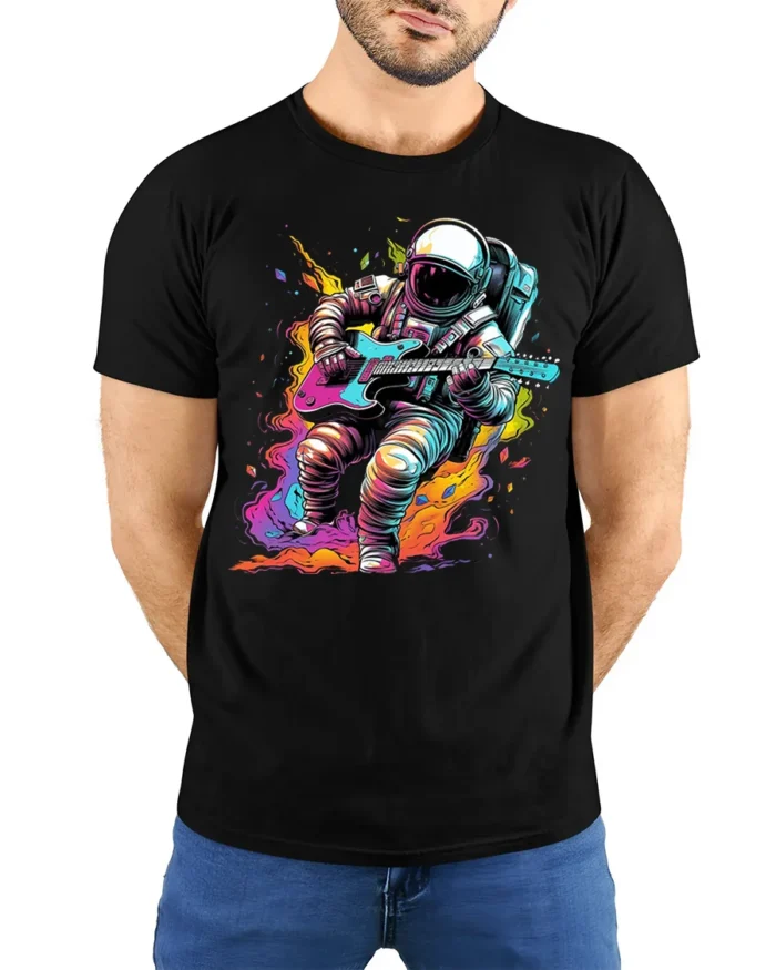 Astronaut Guitar Blast T-Shirt Space Rock Style - model wearing black shirt, hands behind back
