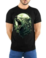 Howling Wolf Moon T-Shirt Wild Nature Spirit - model wearing black shirt, hands behind back