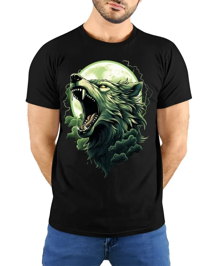 Howling Wolf Moon T-Shirt Wild Nature Spirit - model wearing black shirt, hands behind back