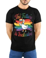 The Future Is Inclusive T-Shirt Pride Duck - model wearing black shirt, hands behind back