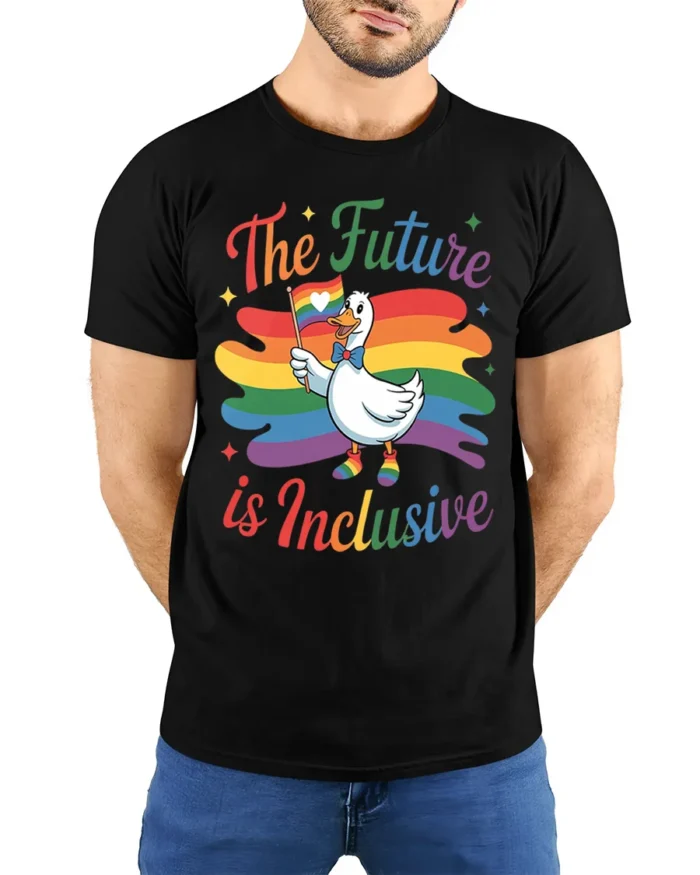The Future Is Inclusive T-Shirt Pride Duck - model wearing black shirt, hands behind back